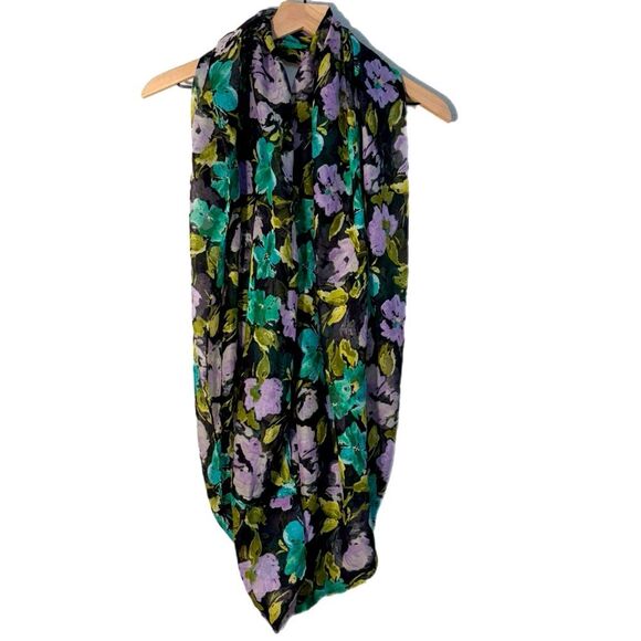 Infinity Scarf Black Green Purple Botanical Floral Print Scarf Wrap. - Picture 1 of 10